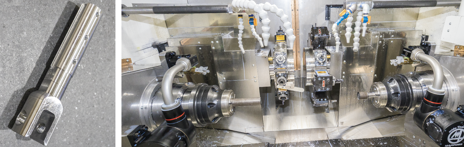 Left - This torque wrench part is completed in one op on the new GEN TURNRight - The CW42MY is a twin spindle, twin turret machine with live tooling a Y axis.